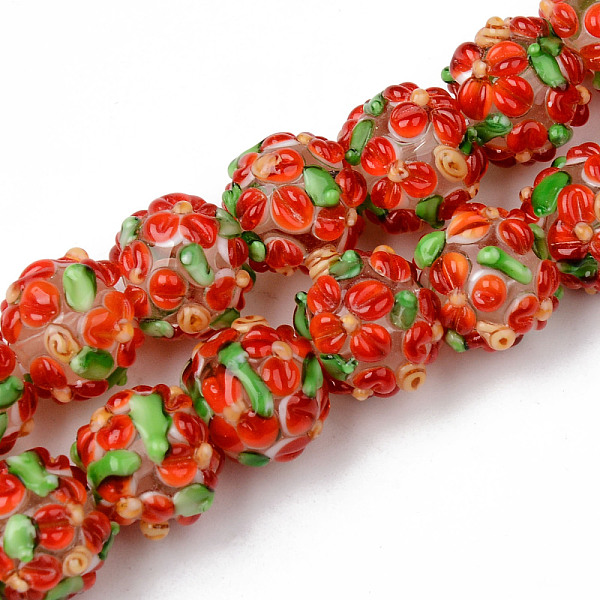 

PandaHall Handmade Lampwork Beads Strands, Bumpy, Round with Flower, Orange Red, 12~13x11~12mm, Hole: 1mm, about 40pcs/strand, 16.69 inch...