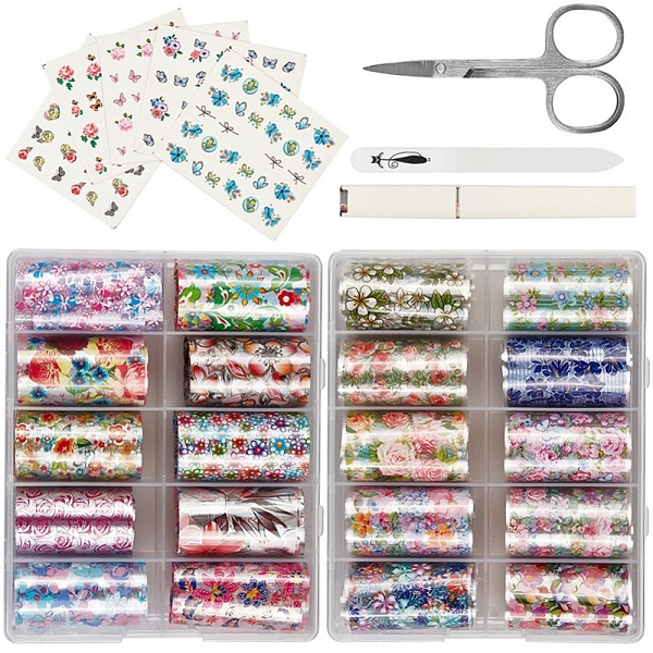 PandaHall Nail Art Tool Sets, with Nail Art Transfer Stickers, Glass Polish Strip File and Stainless Steel Vibrissa Scissors, Mixed Color...