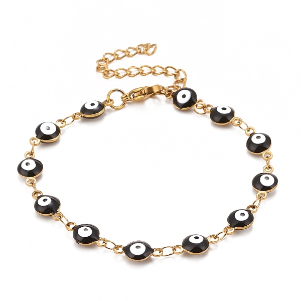

PandaHall Enamel Oval with Evil Eye Link Chains Bracelet, Vacuum Plating 304 Stainless Steel Jewelry for Women, Golden, Black, 6-1/2 inch...