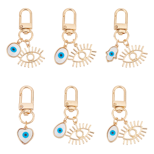 

PandaHall ARRICRAFT 6Pcs 6 Style Evil Eye Resin Pendant Decorations for Women, with Zinc Alloy Eye and Swivel Clasp, Golden, Heart &..., White