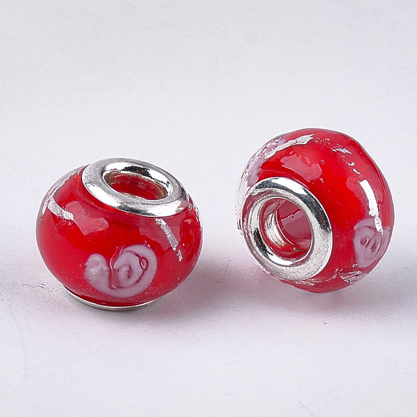 

PandaHall Handmade Lampwork European Beads, Large Hole Beads, with Platinum Tone Brass Double Cores, Rondelle, Mixed Color, 13.5~15x10~11mm..., Multicolor