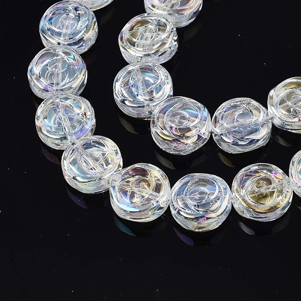 

PandaHall Electroplate Glass Beads Strand, AB Color, Flat Round with Rose Flower, Clear AB, 10x4mm, Hole: 0.9mm, about 65~66pcs/strand..., White