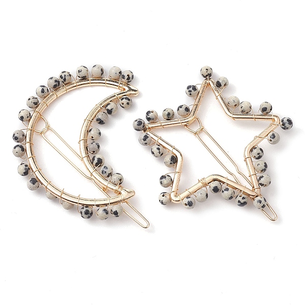 

PandaHall 2Pcs Moon & Star Alloy with Natural Dalmatian Jasper Hollow Hair Barrettes, Ponytail Holder Statement for Girls Women, Moon...