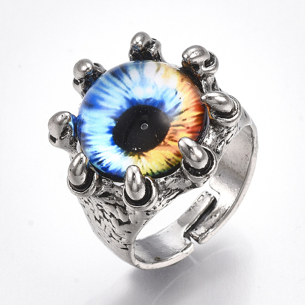 

PandaHall Adjustable Alloy Glass Finger Rings, Wide Band Rings, Dragon Eye, Antique Silver, Colorful, Size 8, 18mm Glass