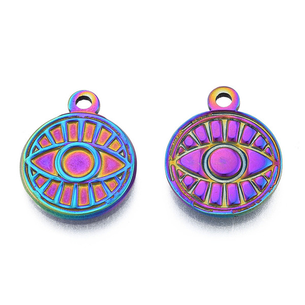 

PandaHall Ion Plating(IP) 201 Stainless Steel Pendants, Flat Round with Eye, Rainbow Color, 19x15x2mm, Hole: 1.8mm 201 Stainless Steel Flat...