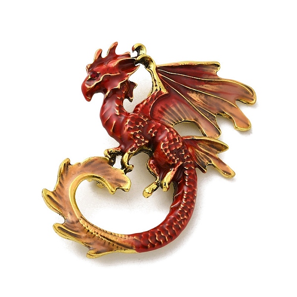 PandaHall Dragon Enamel Pin Brooches, Antique Golden Alloy Rhinestone Badge for Backpack Clothes, FireBrick, 56x41x17mm, Hole: 5x3.5mm...