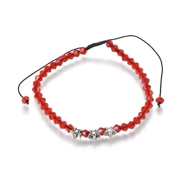 

PandaHall Adjustable Nylon Cord Braided Bead Bracelets, with Half-Handmade Transparent Glass Beads and Tibetan Style Beads, Star, Red, 2-1/8...