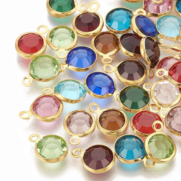 

PandaHall Glass Charms, with 304 Stainless Steel Finding, Flat Round, Faceted, Golden, Mixed Color, 12x8.5x4mm, Hole: 1.5mm Stainless..., Multicolor