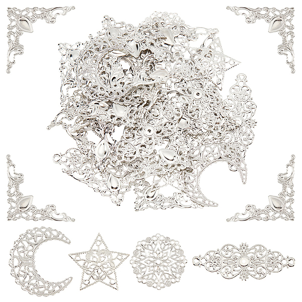 

PandaHall 5 Style Iron Filigree Joiners Links, Hollow, Star/Crescent Moon/Flat Round, Platinum, 27~62x22~57.5x0.5~1mm, 96pcs/box Iron...