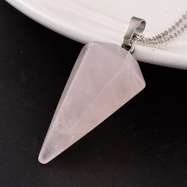 

PandaHall Cone Pendulum Platinum Tone Brass Rose Quartz Pendants, 39~41x18~19mm, Hole: 5x8mm Rose Quartz Cone