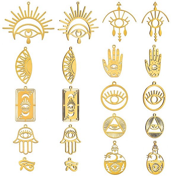 

PandaHall 20Pcs 10 Style 201 Stainless Steel Laser Cut Charms, Egyptian Eye, Mixed Shape, Golden, 12~38.5x13.5~32x1mm, Hole: 1.5~1.8mm...