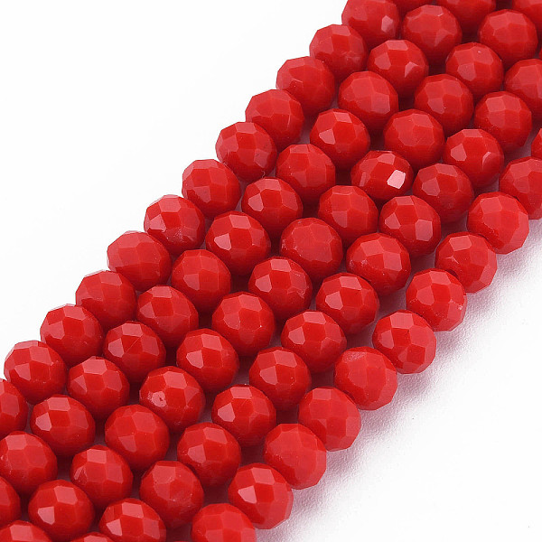 

PandaHall Opaque Solid Color Glass Beads Strands, Faceted, Rondelle, Red, 3.5x3mm, Hole: 0.4mm, about 113~115pcs/strand, 32~33cm Glass...