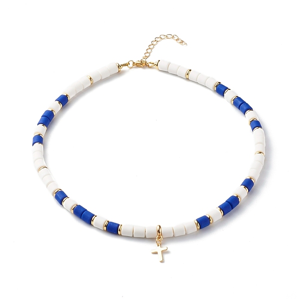 

PandaHall Polymer Clay Beaded Necklaces, with Brass Cross Pendant and Spacer Beads, Dark Blue, 16.54 inch(420mm) Polymer Clay