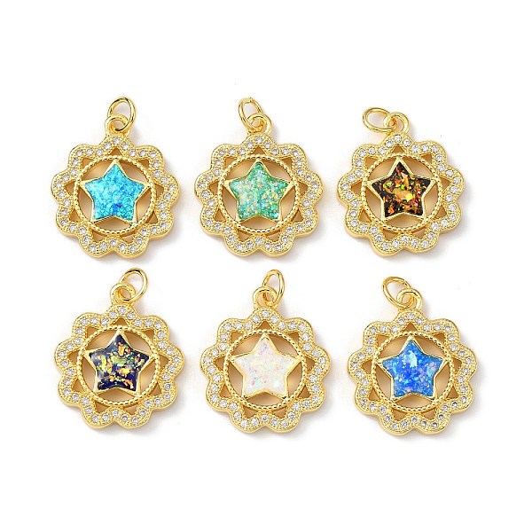 

PandaHall Brass Micro Pave Cubic Zirconia Pendants, with Synthetic Opal and Jump Ring, Flower with Star, Real 18K Gold Plated, 19.5x17x3mm..., Multicolor