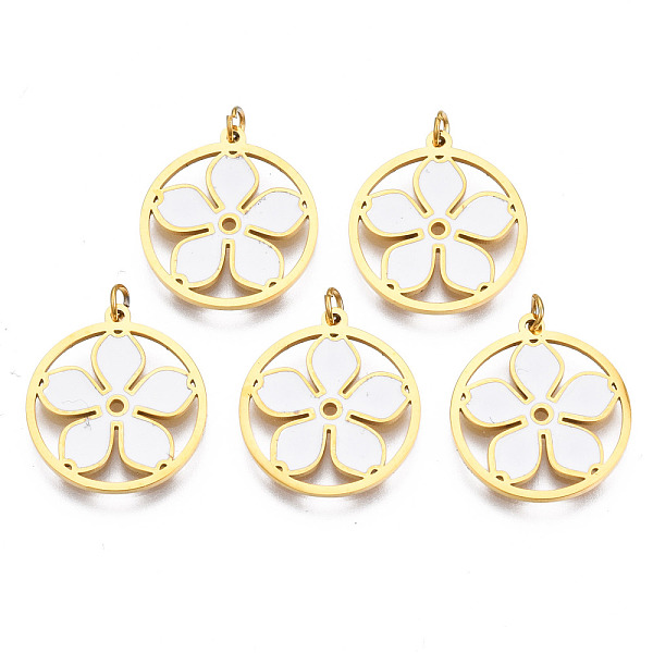 

PandaHall 316 Surgical Stainless Steel Pendants, with Jump Rings and Enamel, Real 18K Gold Plated, Ring with Flower, White, 15.5x14x1mm...