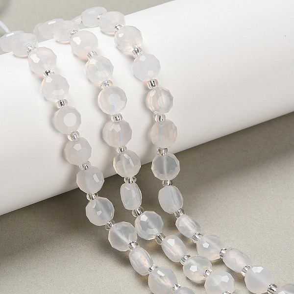 Natürlichen weißen Achat Perlen Stränge, Flachrund, facettiert, mit Glasperlen, 7-7.5x7.5-8x4.5-5 mm, Bohrung: 1 mm, ca. 19-21 Stk. / Strang, 7.52-7.60'' (19.1-19.3 cm)