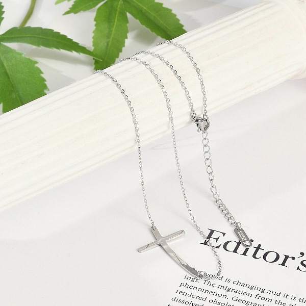 304 Stainless Steel Religion Curved Cross Pendant Cable Chain Necklaces for Women