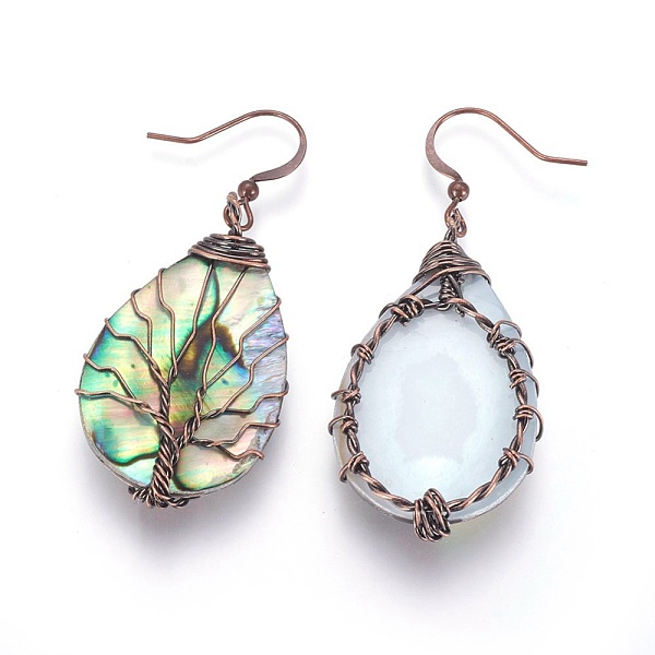 

PandaHall Abalone Shell/Paua Shell Teardrop with Tree of Life Dangle Earrings, Brass Wire Wrapped Drop Earrings for Women, Red Copper...