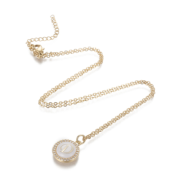 

PandaHall Brass Initial Pendant Necklaces, with Shell, Cubic Zirconia and 304 Stainless Steel Cable Chains, Flat Round with Letter, Letter.D..., Clear