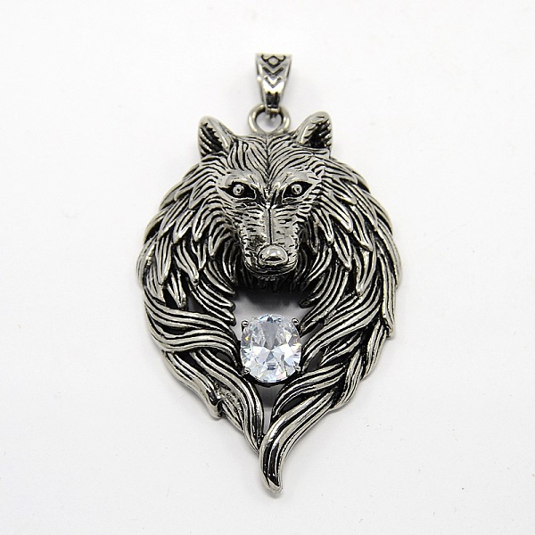 

PandaHall Retro Men's 304 Stainless Steel Steel Big Wolf Head Pendants, with Rhinestone, Antique Silver, Crystal, 74x45x18mm, Hole: 10x7mm..., Clear