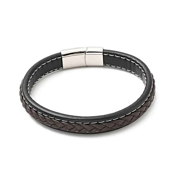 

PandaHall Cowhide Braided Flat Cord Bracelet with 304 Stainless Steel Magnetic Clasps, Gothic Jewelry for Men Women, Coconut Brown, 9-5/8..., Black