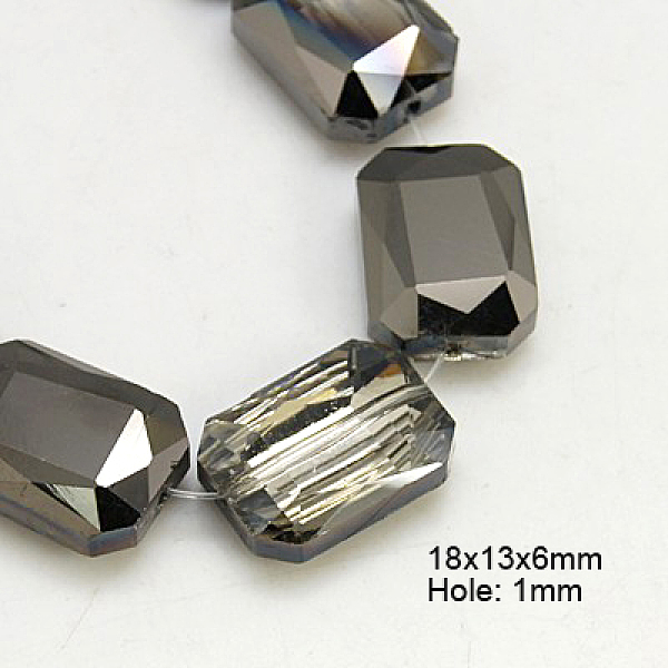 

PandaHall Electroplated Glass Beads, Black Plated, Faceted Rectangle, Light Grey, about 18mm long, 13mm wide, 6mm thick, hole: 1mm Glass..., Gray