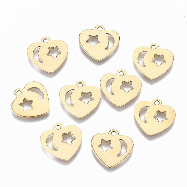 

PandaHall 304 Stainless Steel Charms, Laser Cut, Heart with Moon & Star, Real 14K Gold Plated, 12.5x13x0.5mm, Hole: 1.2mm 304 Stainless...
