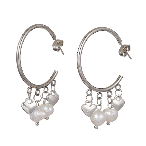 

PandaHall 304 Stainless Steel Half Hoop Earrings, Natural Pearl Dangle Stud Earrings, Heart, 47x7mm Pearl Heart