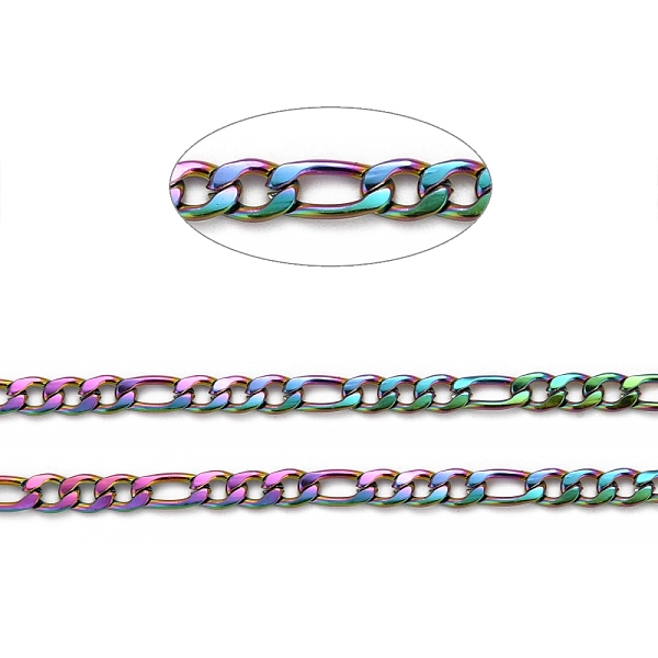 

PandaHall Ion Plating(IP) 304 Stainless Steel Figaro Chains, Unwelded, with Spool, Rainbow Color, 4x6x0.9mm & 4x8x0.8mm, about 32.8 Feet...