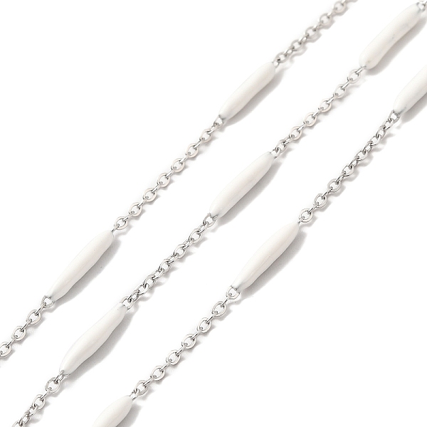 

PandaHall Enamel Column Link Chains, with 304 Stainless Steel Cable Chains, Unwelded, with Spool, White, 14~17x2~3mm and 1.5x2x0.5mm, about...