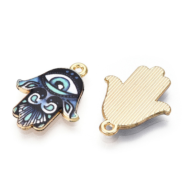 

PandaHall Printed Light Gold Tone Alloy Pendants, Hamsa Hand with Eye Charms, Aquamarine, 23x18x2mm, Hole: 1.4mm Alloy Hamsa Hand Green