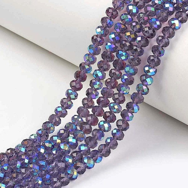 

PandaHall Electroplate Glass Beads Strands, Half Rainbow Plated, Faceted, Rondelle, Indigo, 3.5x3mm, Hole: 0.4mm, about 113~115pcs/strand..., Purple