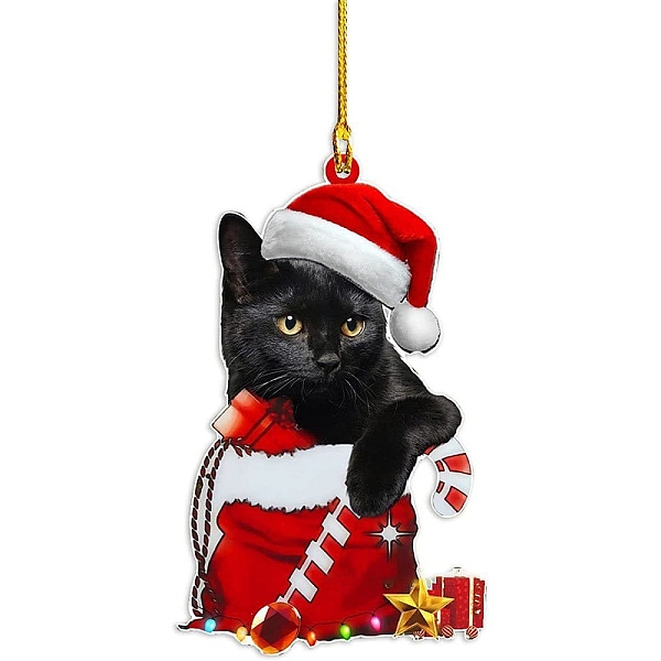 PandaHall Christmas Cat Shape Acrylic Pendant Decoration, with Nylon Rope and Iron Bell, for Car Rear View Mirror Hanging Ornament, Bag...