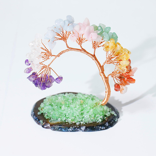 

PandaHall Gradient Macaron Color Gemstone Tree of Life Feng Shui Ornaments, Home Display Decorations, with Agate Slice Base, 95x50x90mm...