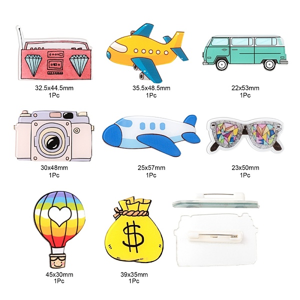

PandaHall 8Pcs 8 Style Acrylic Safety Brooches, with Iron Pin, Moneybag & Hot-air Balloon & Glasses & Flamingo & Camera & Bus & Passenger..., Multicolor