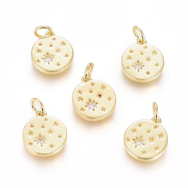 

PandaHall Brass Micro Pave Cubic Zirconia Pendants, with Jump Ring Long-Lasting Plated, Flat Round with Star, Clear, Real 18K Gold Plated...