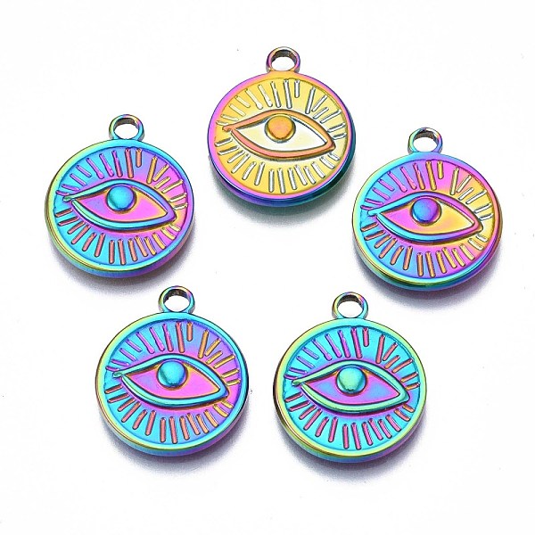 

PandaHall Rainbow Color 304 Stainless Steel Pendants Enamel Settings, Cadmium Free & Nickel Free & Lead Free, Flat Round with Eye...