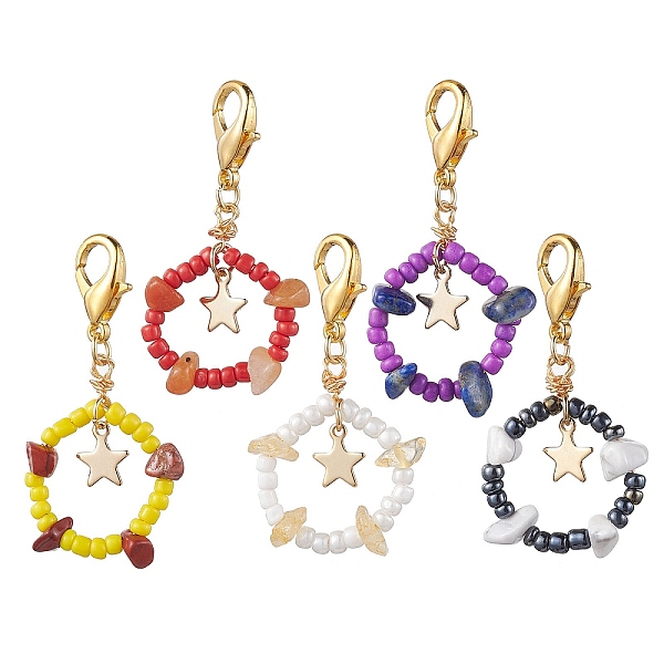 

PandaHall Glass Pendant Decorations, with Zinc Alloy Lobster Claw Clasps and Gemstone, Star, Mixed Color, 46mm Glass Star Multicolor