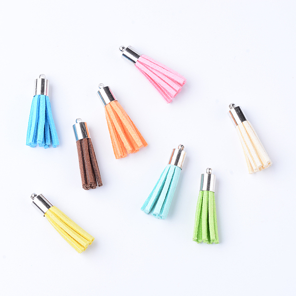 

PandaHall Faux Suede Tassel Pendant Decorations, with Brass Cord Ends, Platinum, Mixed Color, 33~34x7mm, Hole: 2mm Faux Suede Multicolor