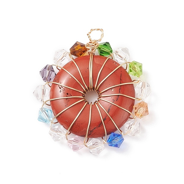 

PandaHall Natural Red Jasper Pendants, Donut/Pi Disc Charm, with Colorful Glass Beads and Real 18K Gold Plated Copper Wire Wrapped...