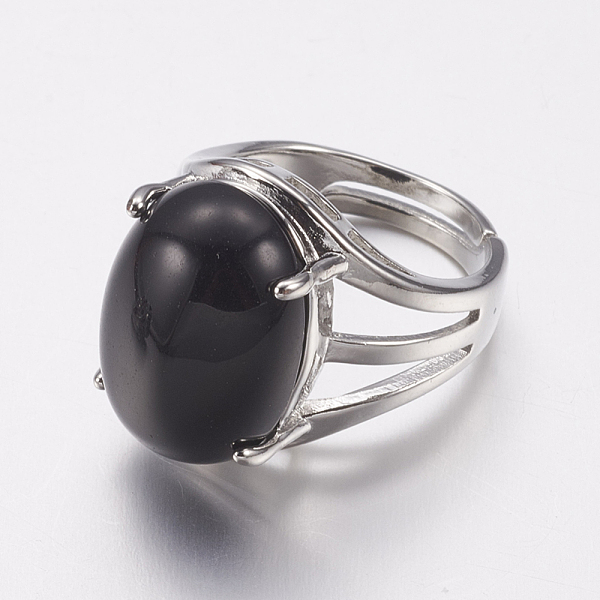 

PandaHall Natural Black Agate Wide Band Finger Rings, with Brass Ring Findings, Oval, 18mm Black Agate
