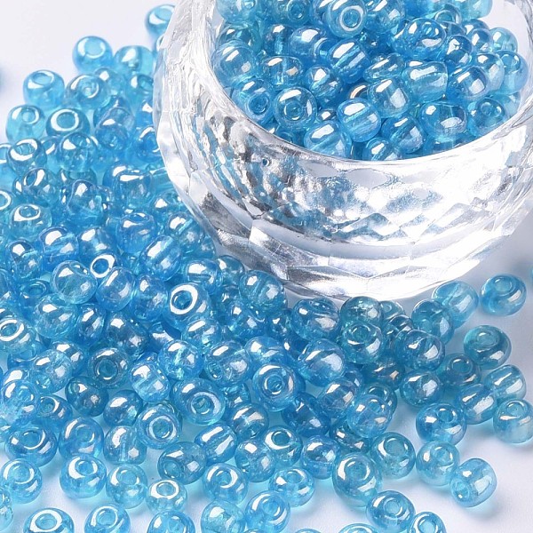 

PandaHall Glass Seed Beads, Trans. Colours Lustered, Round, Light Cyan, 4mm, Hole: 1.5mm, about 4500pcs/pound Glass Cyan