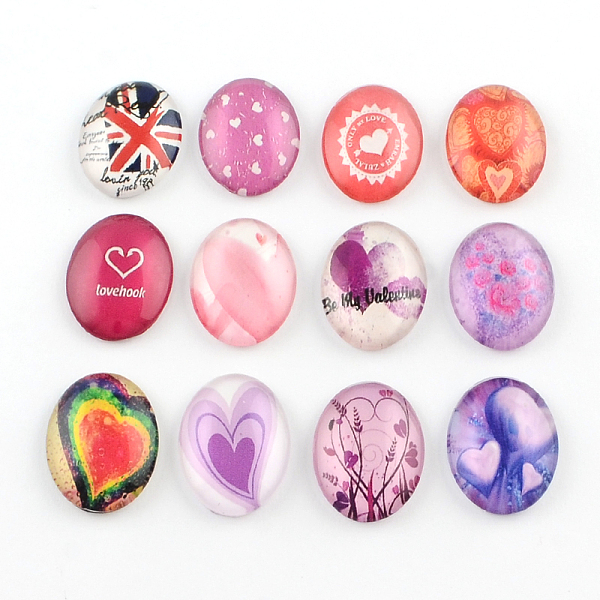 

PandaHall Heart Pattern Glass Oval Flatback Cabochons for DIY Projects, Mixed Color, 45x34~35x8.5mm Glass Oval Multicolor