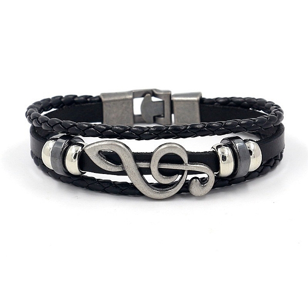 

PandaHall Cowhide Leather Braided Cords Triple Layer Multi-strand Bracelet, Musical Note Link Bracelet for Men, Black, 8-1/4 inch(21cm)...