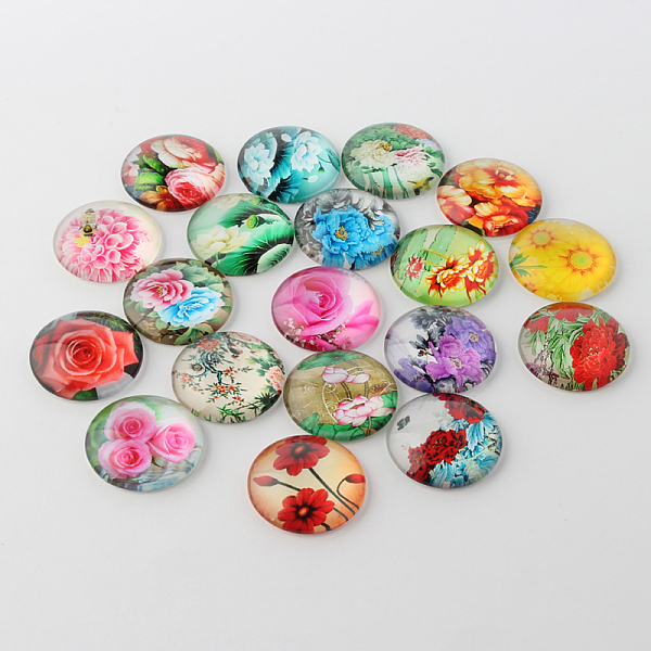 

PandaHall Flower Printed Glass Cabochons, Half Round/Dome, Mixed Color, 18x5mm Glass Half Round Multicolor