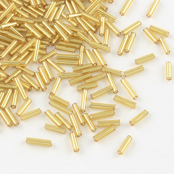 

PandaHall Glass Bugle Beads, Seed Beads, Goldenrod, Silver-Lined, about 1.8mm in diameter, 6~8mm long, hole: 0.6mm, 1250pcs/50g Glass Gold