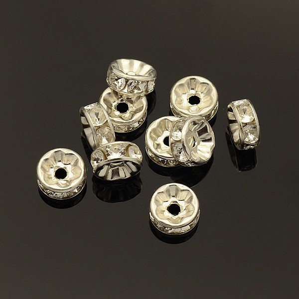 

PandaHall Brass Rhinestone Spacer Beads, Grade B, Clear, Silver Color Plated, Size: about 8mm in diameter, 3.8mm thick, hole: 1.5mm...