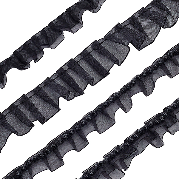 

PandaHall WADORN 4Pcs 4 Styles Double & Single Layer Chinlon Lace Trim Fabric, Pleated Trimming, with ABS Plastic Beads, for DIY Decorative..., Black