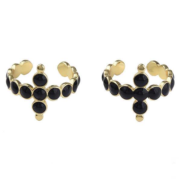 

PandaHall Enamel Cross Open Cuff Rings, Real 18K Gold Plated Brass Jewelry for Women, Nickel Free, Black, US Size 4 3/4(15.4mm) Brass Black