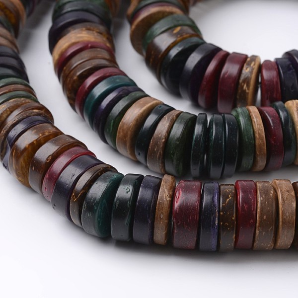 

PandaHall Natural Coconut Flat Round Bead Strands, Colorful, 15x2~5mm, Hole: 3mm, about 107~108pcs/strand, 15.7 inch Coconut Flat Round